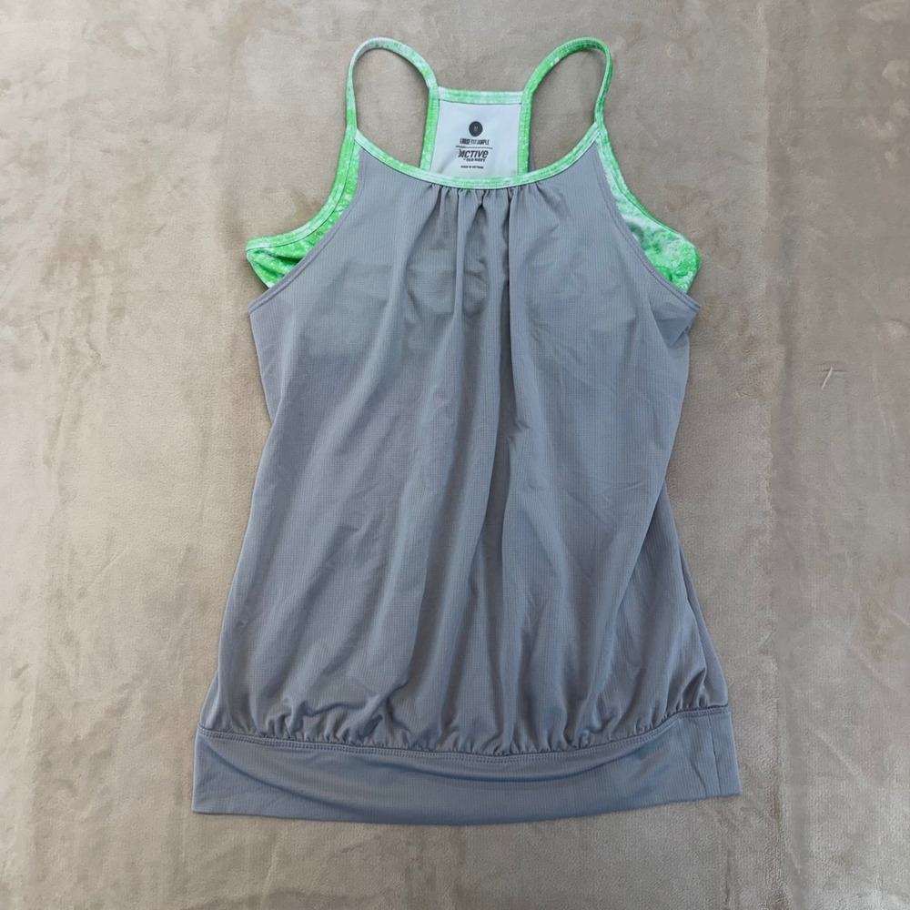 Old Navy Active Tank Top Womens Medium Gray Green Layered Racerback Built-in Bra